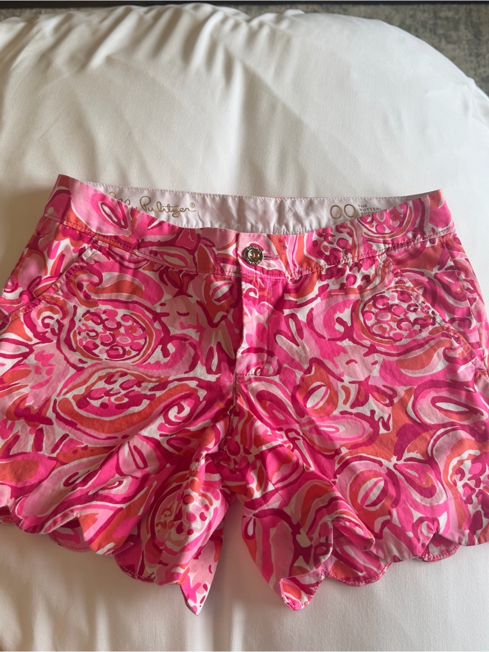 Lilly Pulitzer Buttercup Pink Orange Scallop Hem Printed Cotton Shorts 00